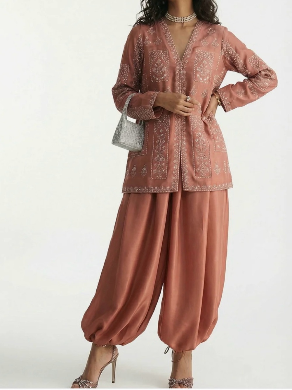 Embroidered terracotta Dusty Rose Tunic Top & Pants BRAND NEW